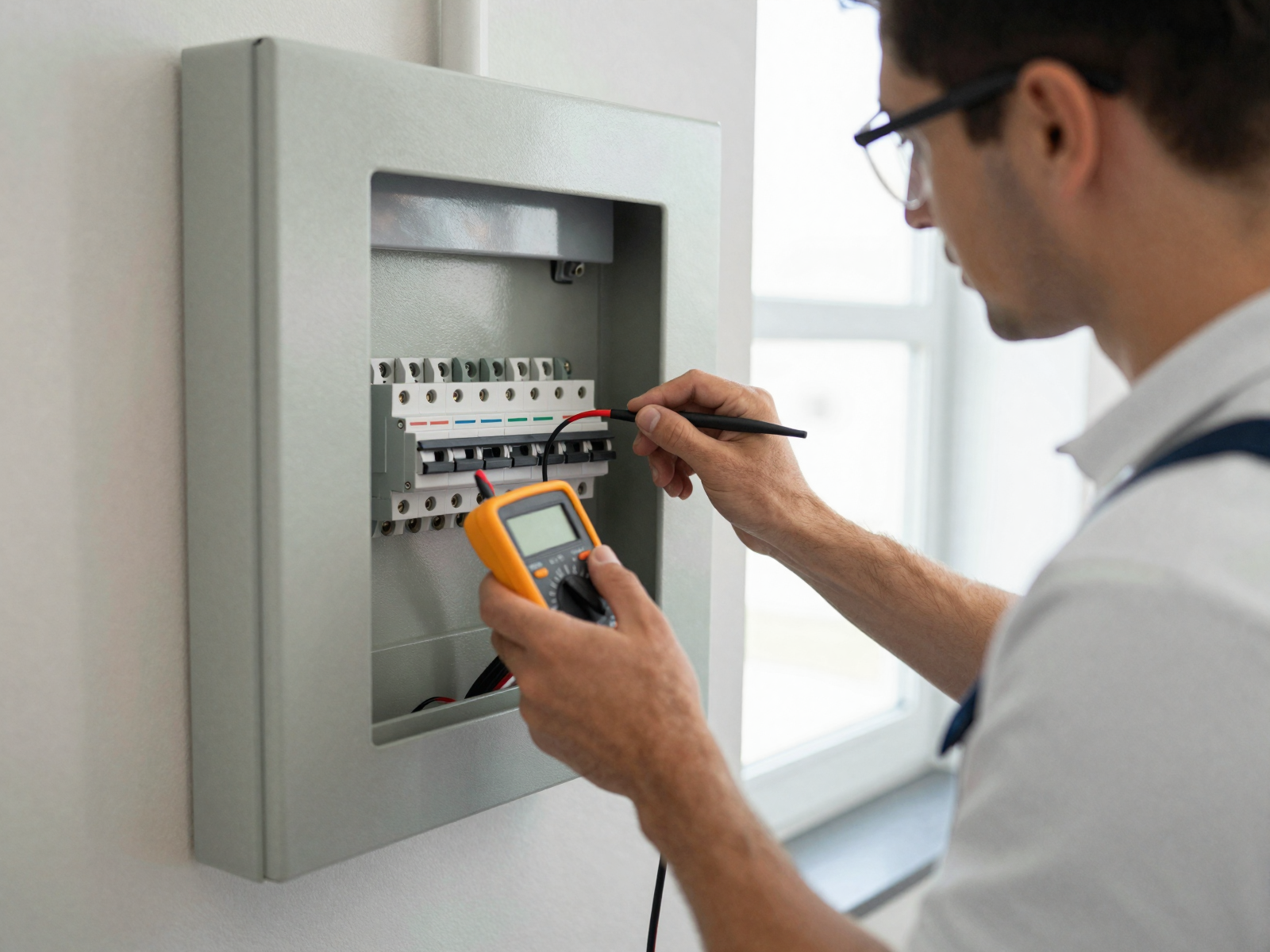 Electrician performing residential electrical panel maintenance